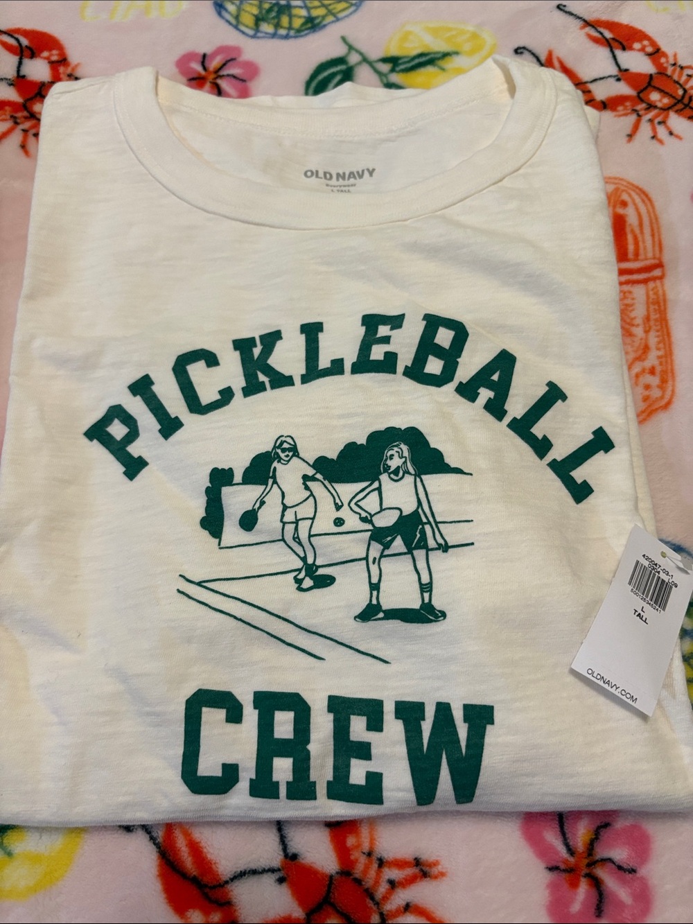 Old Navy Cream Tee with Green Pickleball Graphic